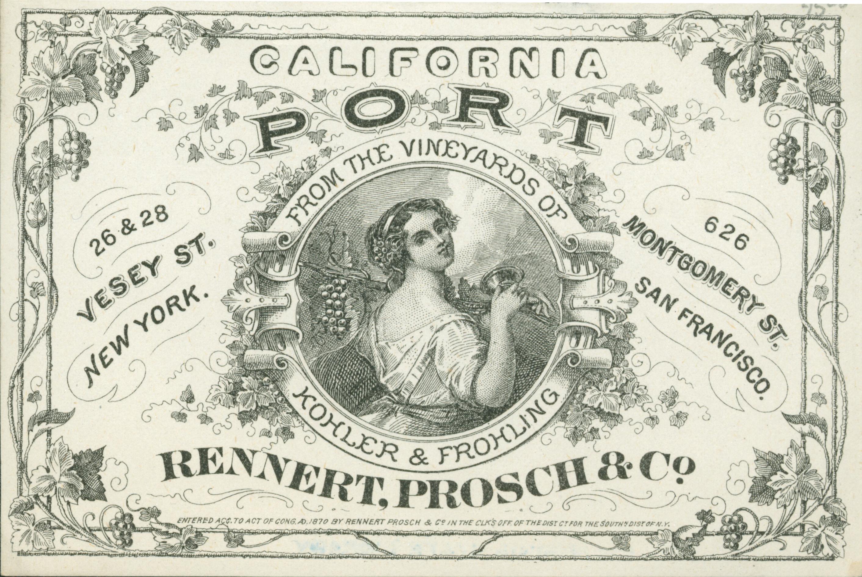 This wine label shows a woman carrying a wine cup and a grape bunch while looking our at the viewer. The portrait is framed by grape vines.